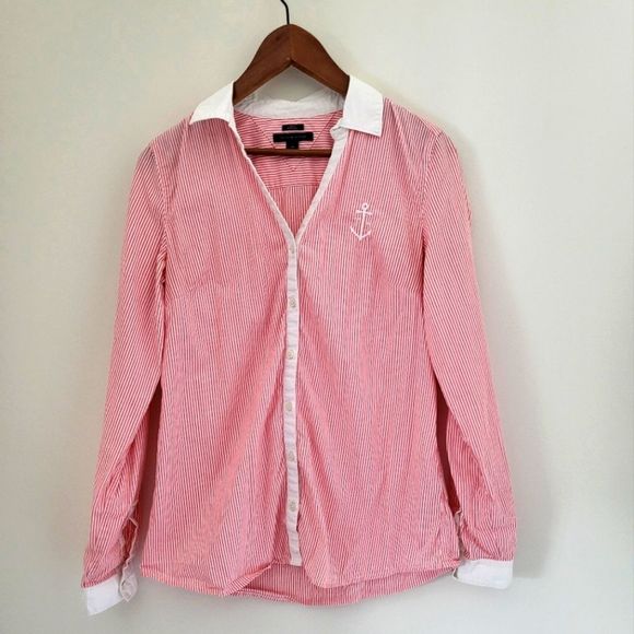 Tommy Hilfiger blouse white and light red stripes nautical M - Picture 1 of 7